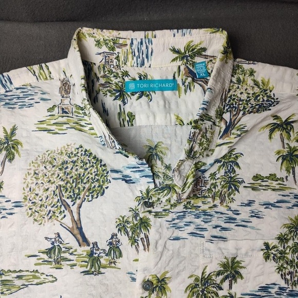 Tori Richard Shirt Mens XL Blue Green Hawaiian Aloha Made in Hawaii Seersucker - Picture 2 of 7